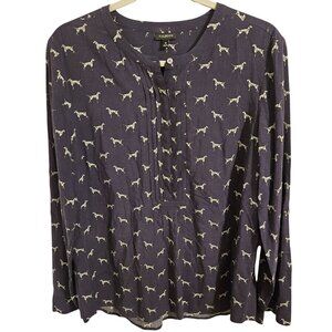 Talbots Woman SZ 10 Novelty Dalmatian Blouse Pin Tuck Front Long Roll Tab Sleeve